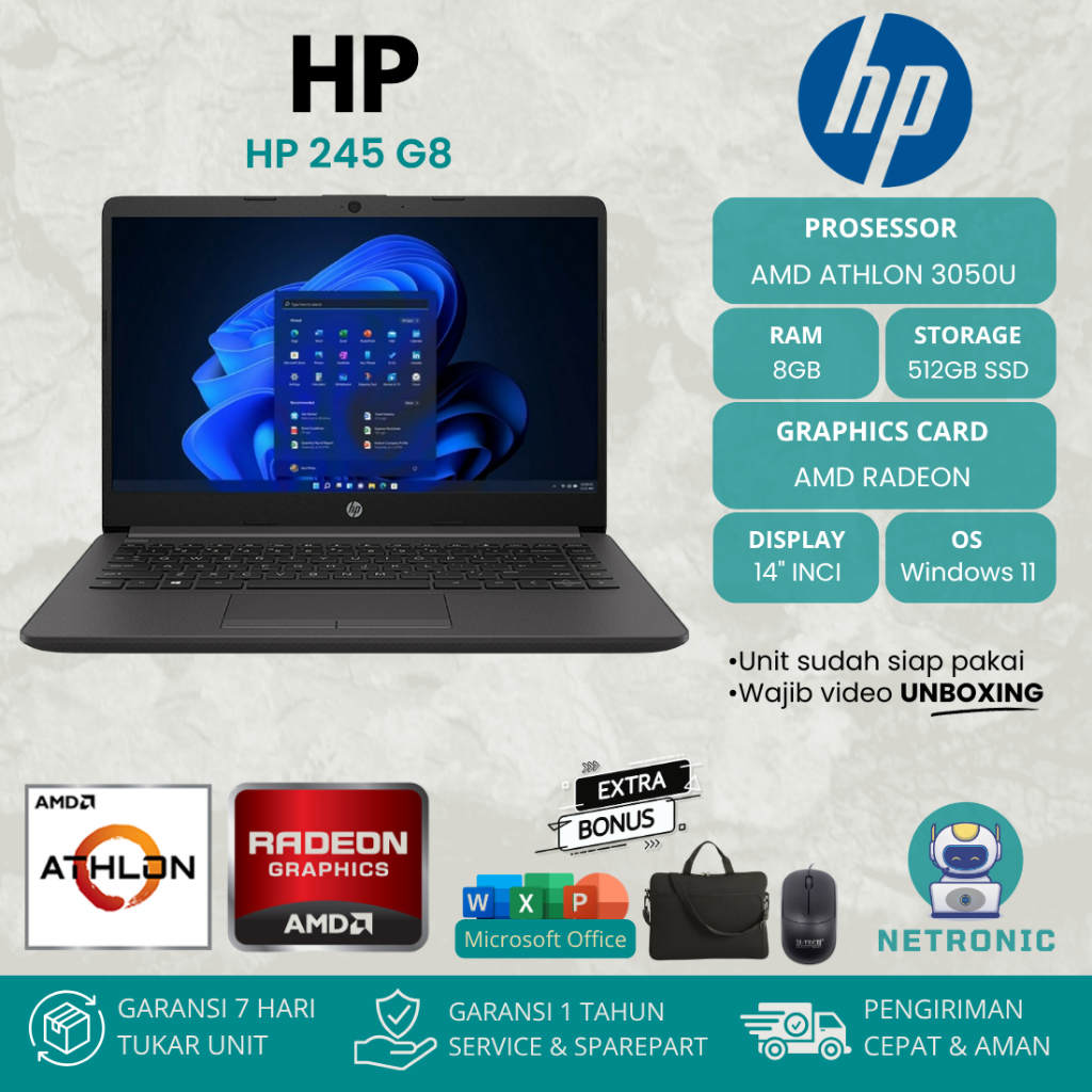 LAPTOP HP 245 G8 AMD ATHLON 3050U RAM 8GB 512GB SSD 14" INCI WIN11+Office
