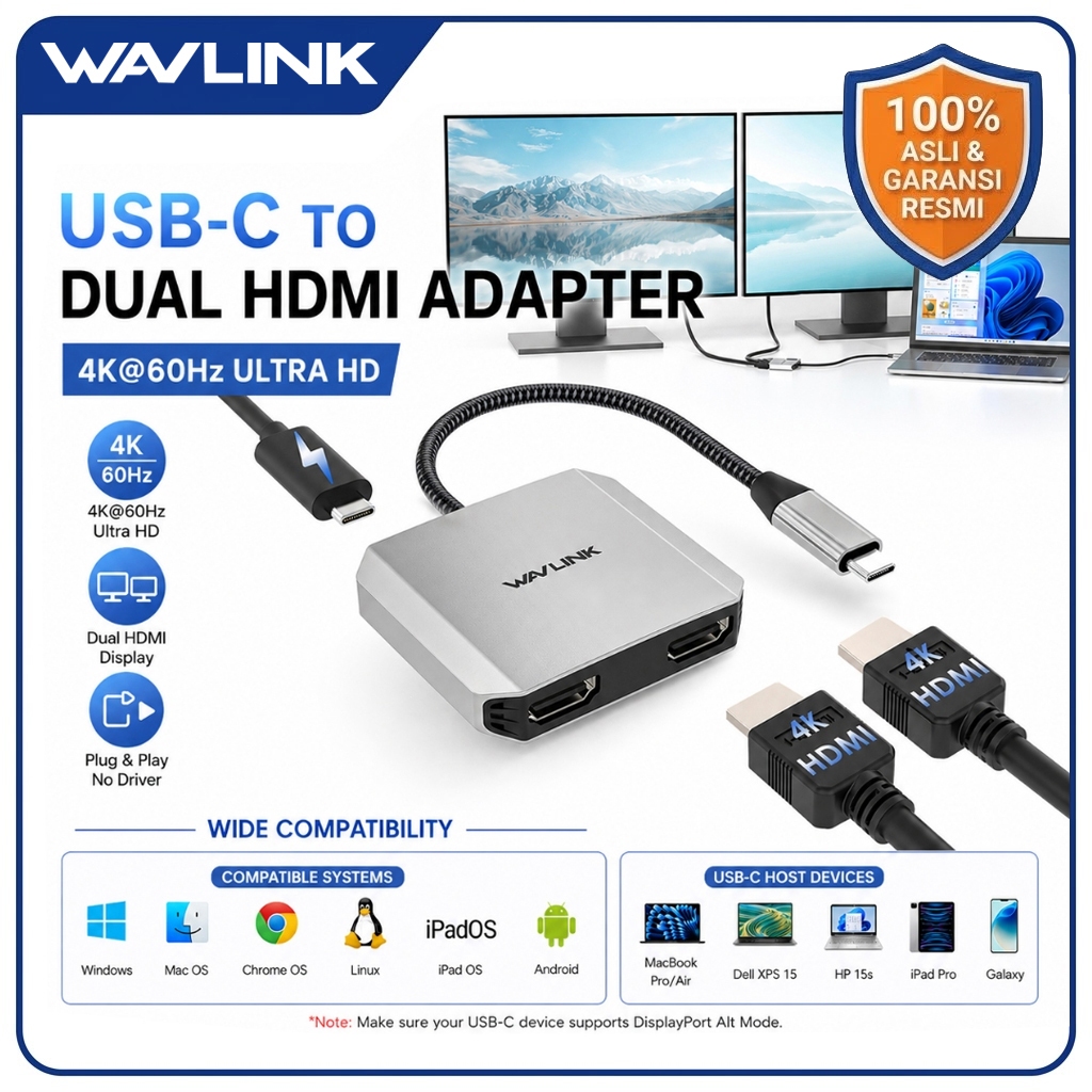 WAVLINK USB C to Dual HDMI Adapter 4K 60Hz 3-in-1 PD 87W Hub untuk MacBook Dell Lenovo Thunderbolt 3