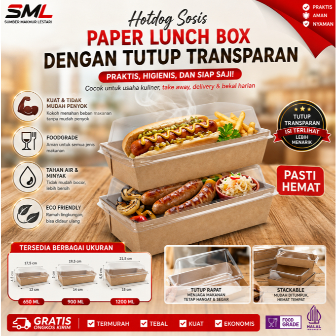 Paper Lunch Box Hotdog & Sosis Panjang + Lid Mika - Kotak Makan Kertas Take Away - Kemasan Kekinian 