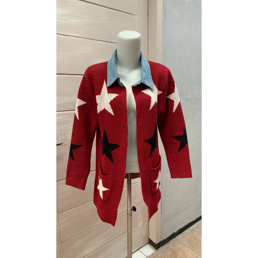 Preloved Cardigan | Cardigan Lengan Panjang | Cardigan Motif | Cardigan Kerah Denim