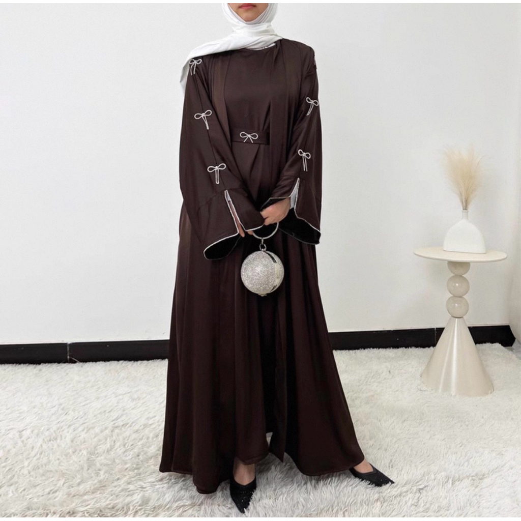 Luxury Bow Abaya Set Muslim Dress | Inner Outer Hijab Belt Premium Dubai Style
