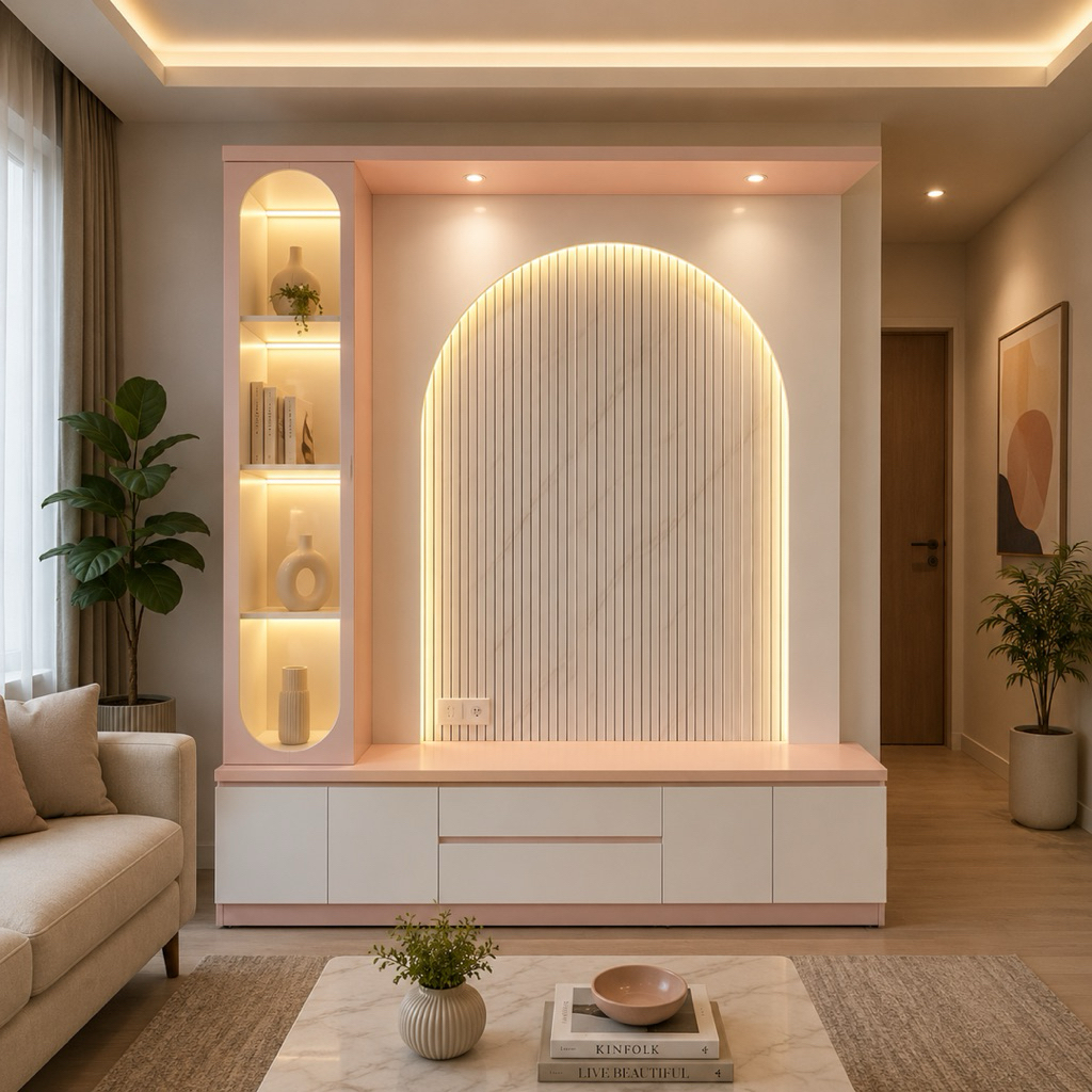 Backdrop TV Minimalis Modern Pink Pastel Rak LED Cabinet TV Elegan Estetik