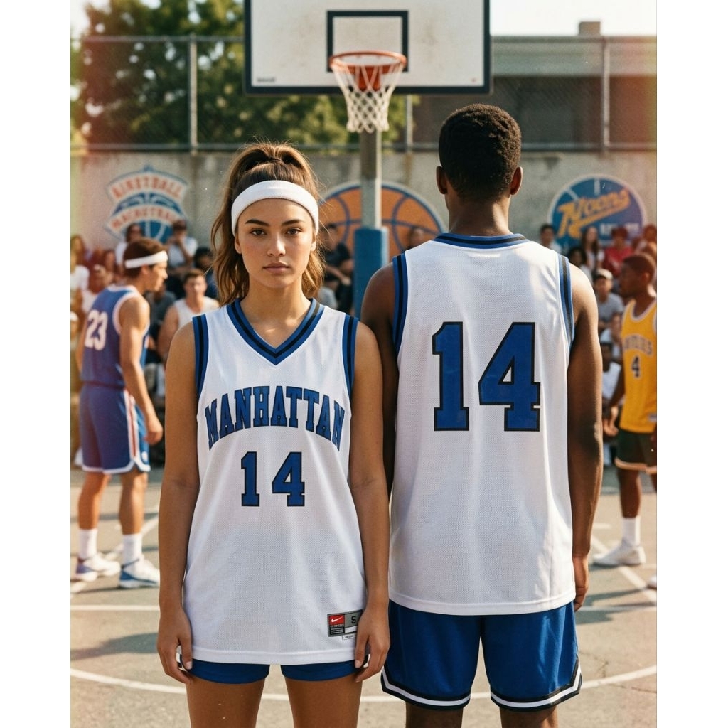 (Jersey Branded) Vintage Nike Team "Manhattan 14" 90s White Blue Basketball Jersey USA Made