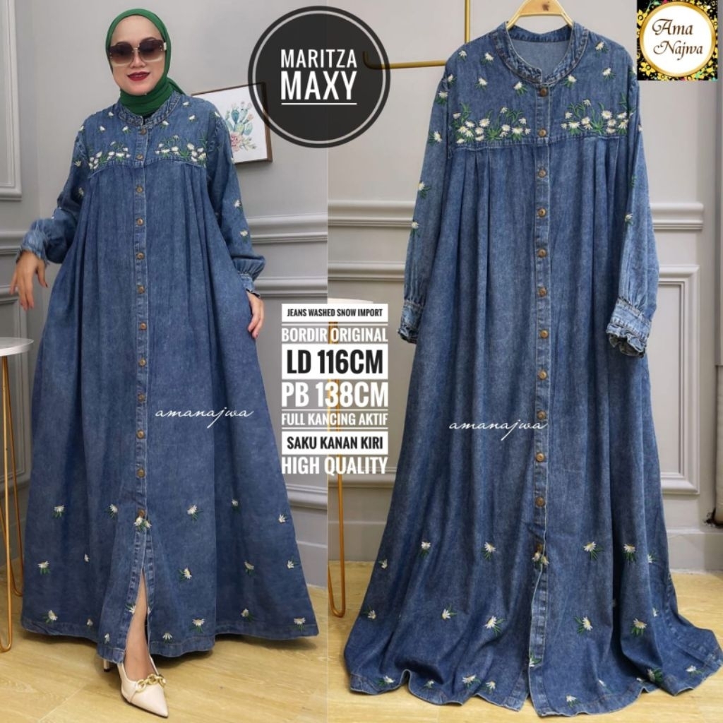 LD 134 | LD 116 Gamis Jumbo Bahan Jeans Washed Snow Import Bordir Original MARITZA SUPER JUMBO JEANS