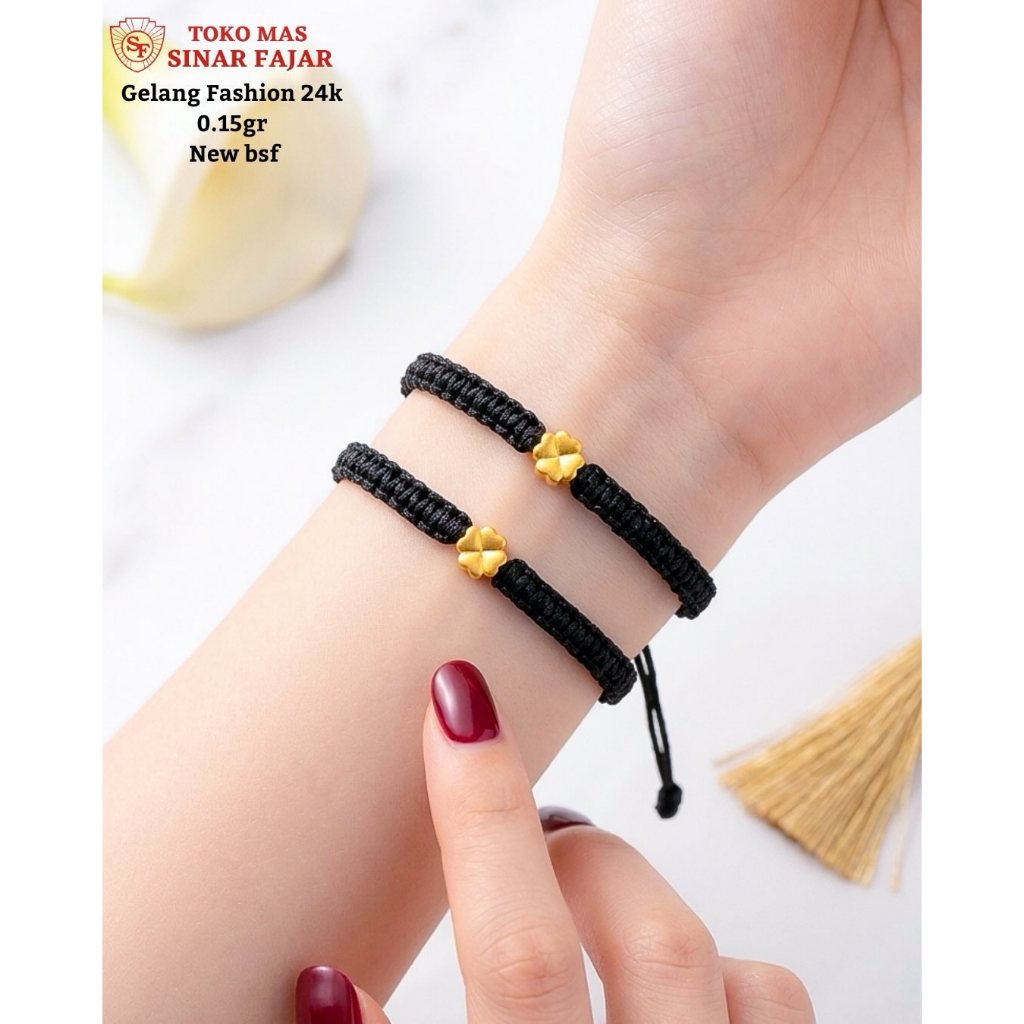 Gelang tali hitam charm bunga emas 24k/99% berat 0.15 gr