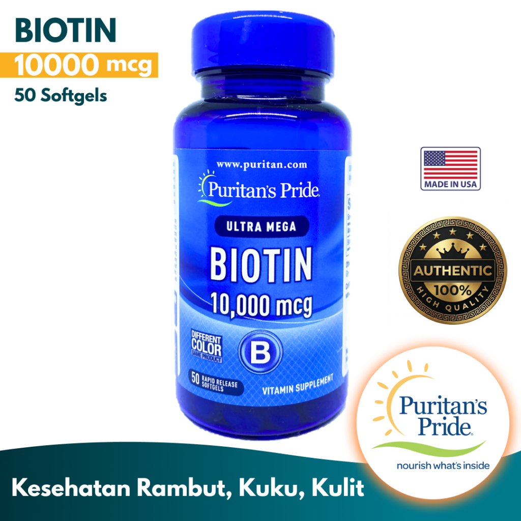 Puritan's Pride Biotin 10000 mcg 50 Softgels untuk Kesehatan Rambut Kullit Kuku Puritan ORIGINAL