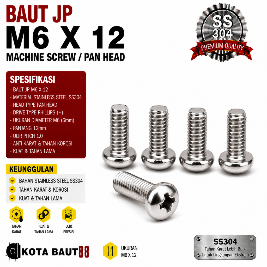 Baut JP M6X12 Machine Screw M6 X 12 Pan Head 6X12 Baut Obeng + Kepala Bulat Stainless SS304