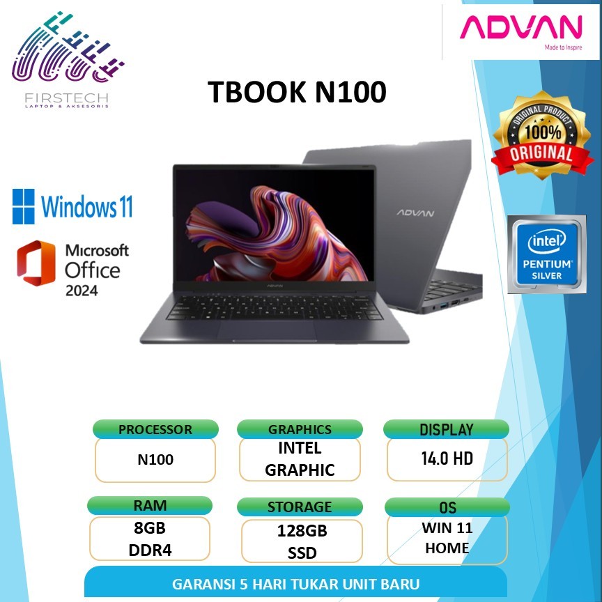 Laptop baru garansi resmi Advan TBOOK untuk pelajar intel n100 ram 8gb ssd windows