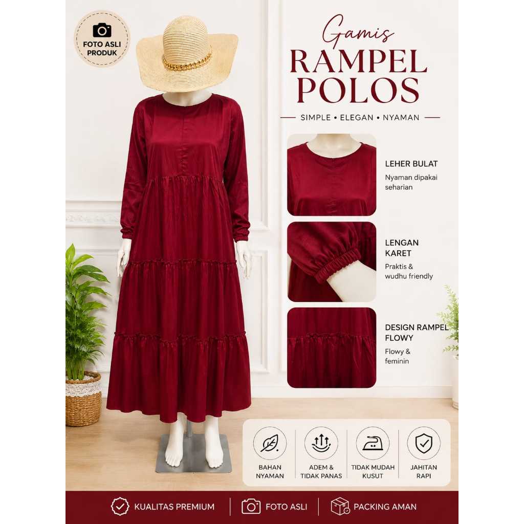 Gamis rampel polos bahan rayyon twill premium warna merah cabe
