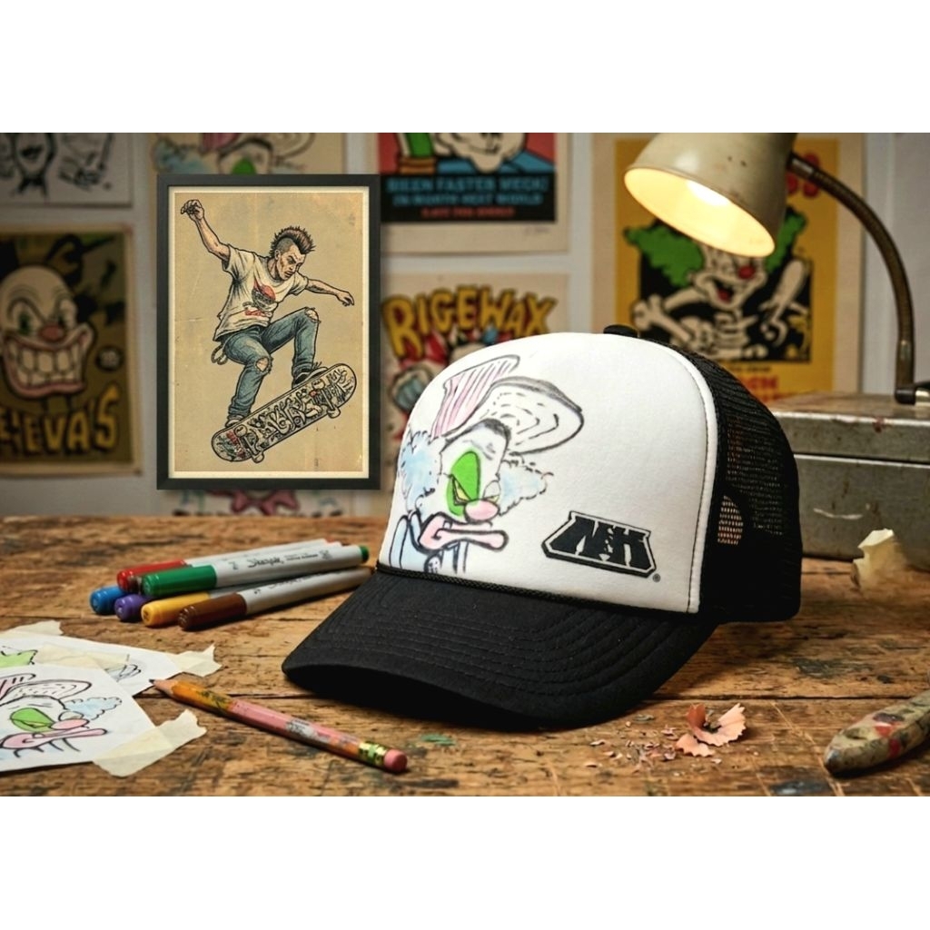 Topi Trucker Rope Hat Vintage Logo Badut Nissun Cap Original Second Warna Putih dan Hitam