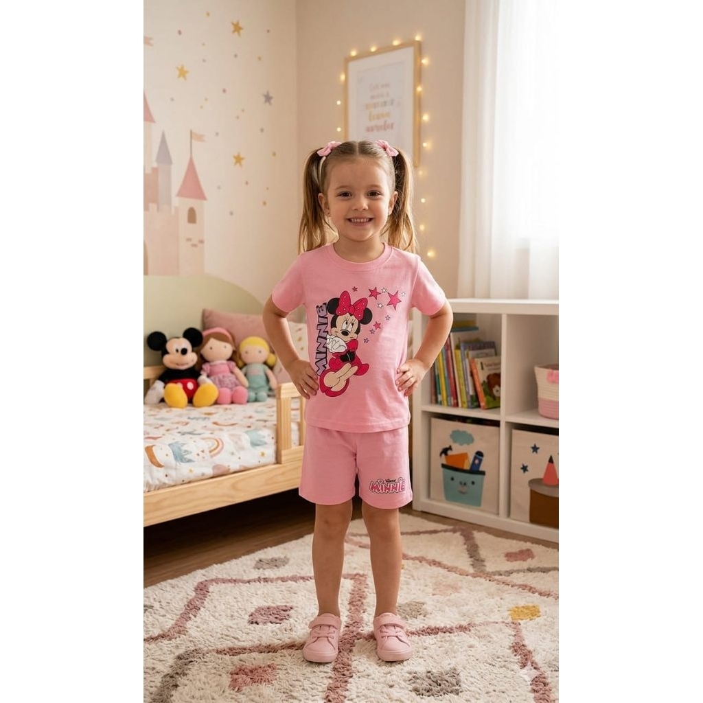 Stelan santai anak perempuan, baju rumah, motif minnie brand Jurasix