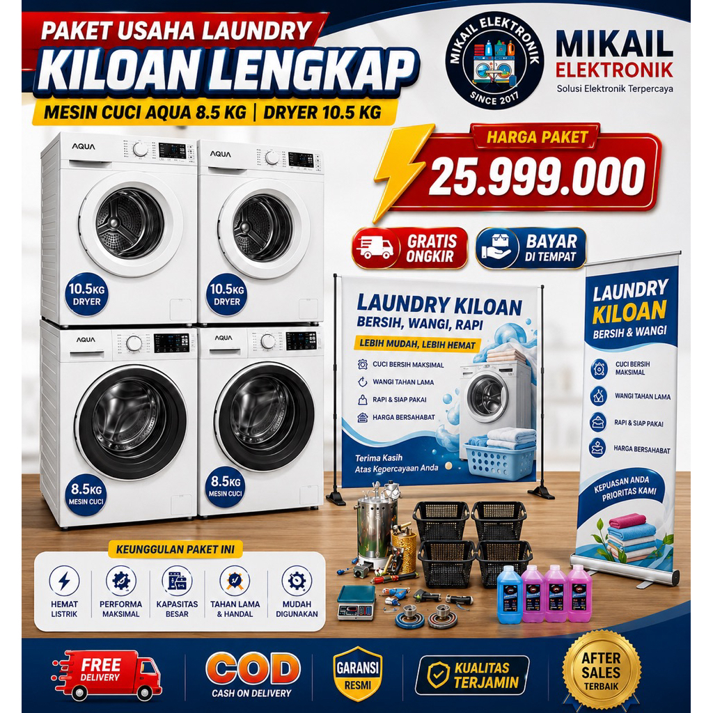 PAKET MESIN LAUNDRY KILOAN 2 SET AQUA 8.5 KG DRYER KONVERSI