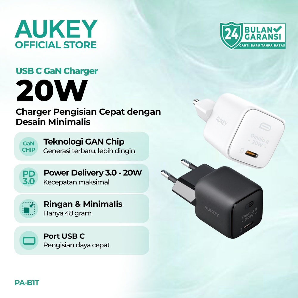 AUKEY Charger GaN 20W USB C Fast Charging iPhone Android Samsung PA-B1T