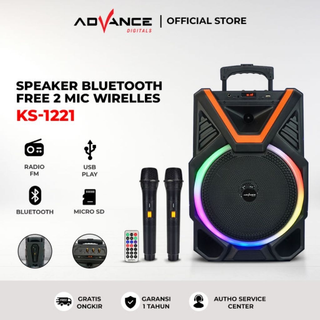 Advance Speaker Bluetooth Bass KS-1221 Full Bass Speaker 12inch Free Mic Wireless