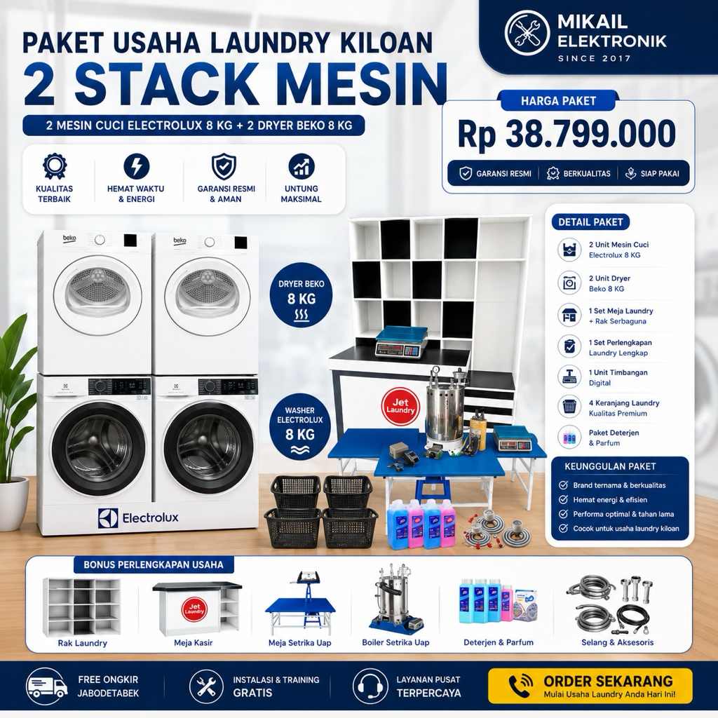 PAKET LAUNDRY KILOAN MESIN CUCI ELECTROLUX  DRYER BEKO SELLER EROPA 2 STACK +MEJA RAK LAUNDRY