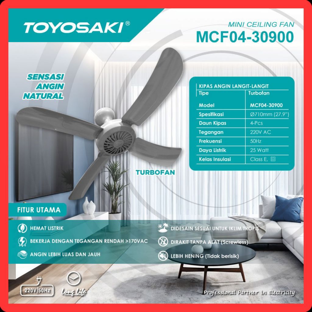 ​Toyosaki Mini Ceiling Fan MCF04-30900 Kipas Angin Gantung 4 Baling 25W