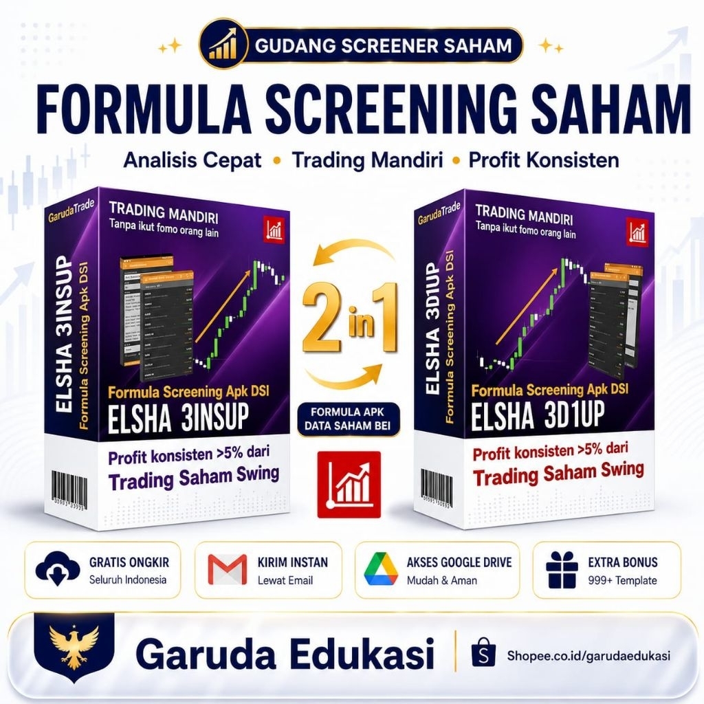 Full Materi Paket 2-in-1 ELSHA 3D1UP-3INSUP Formula Screening Trading Saham Swing Rumus Screener Apl
