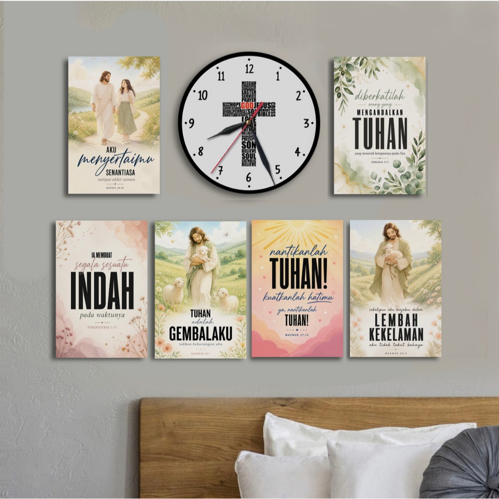 Set Jam dinding Kayu Salib dengan 6 Hiasan dinding Kata Motivasi Kristen Minimalis