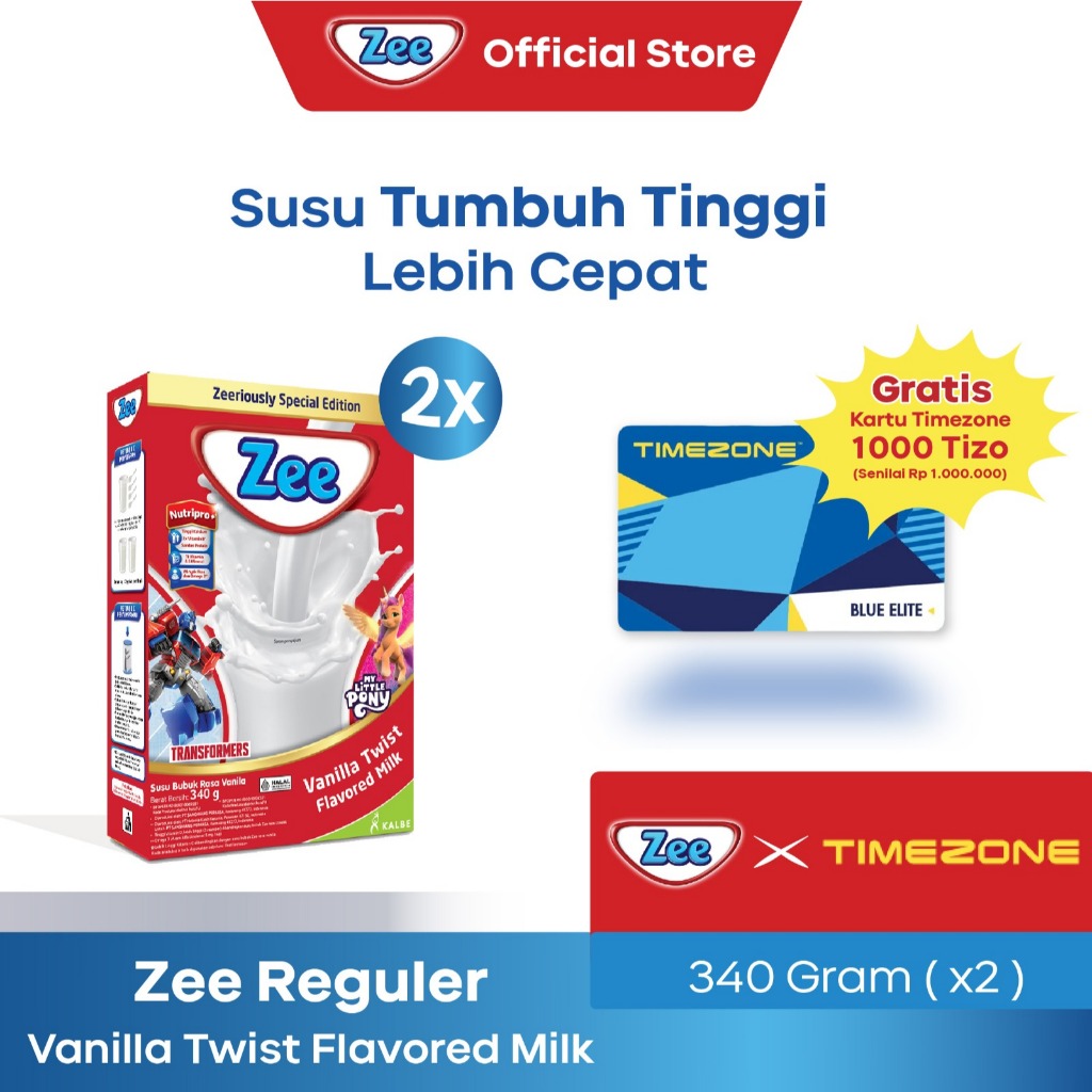 [2 PACK] Zee Reguler Vanilla Twist Milk 340gr (FREE Timezone Blue Elite Card Rp1.000.000) - Susu Tum