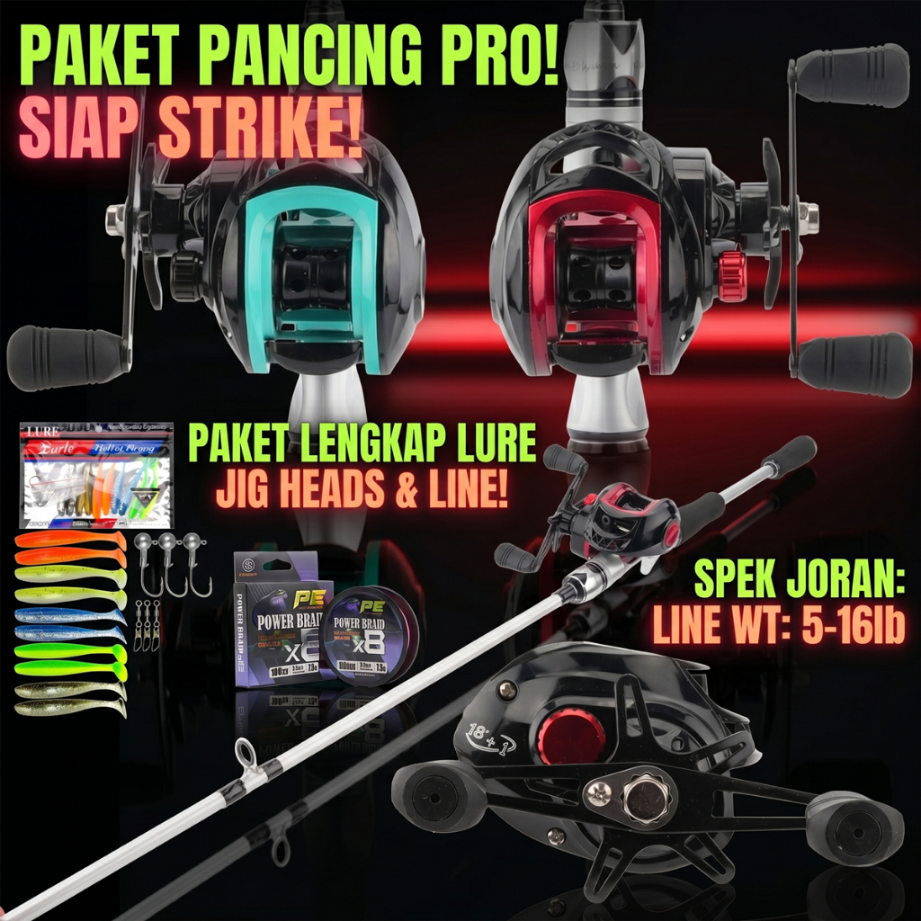 Set Joran Baitcasting Lengkap + Reel 18+1BB (Dua Pilihan Warna: Merah/Hijau Toska), Senar PE X8 Powe