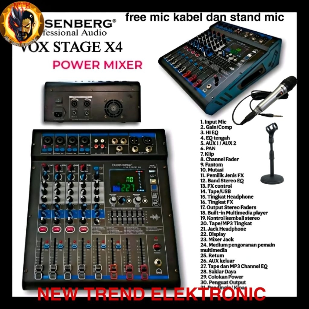 Dusenberg Power Mixer 4 Channel VOX STAGE X4 Bluetooth USB Equalizer Profesional Audio