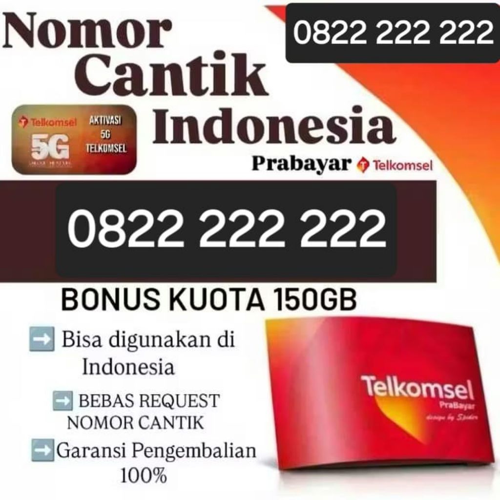 No cantik kartu Telkomsel 10digit angka bonus keota utama 5000GB masa aktif kartu satu tahun
