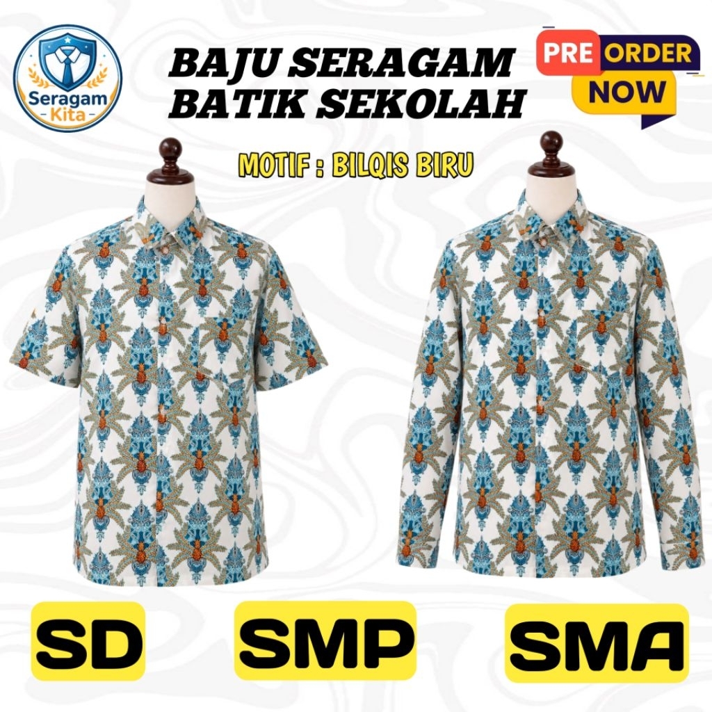 Baju Seragam Batik Sekolah SD/SMP/SMA Motif Bilqis Biru (PO)| Baju Batik Sekolah Sd/Smp/Sma Murah