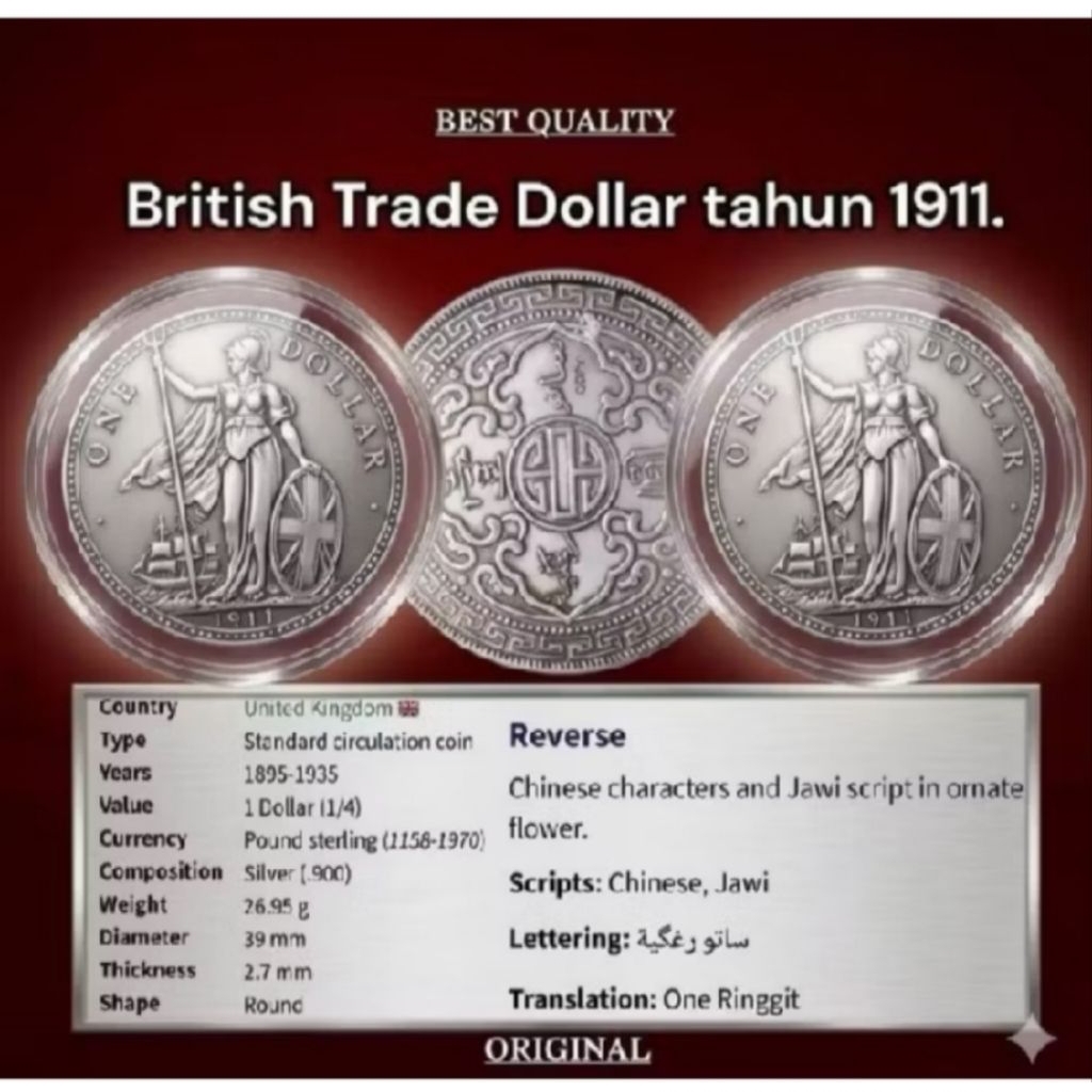 Koin Perak One Dollar United Kingdom British Trade Dollar Tahun 1911