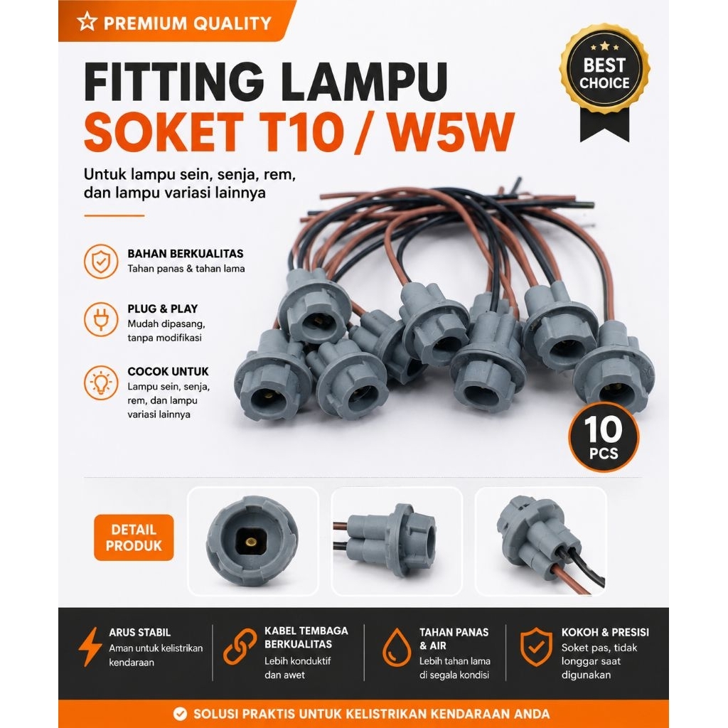 Fitting lampu sen motor kaki 3, bohlam T10