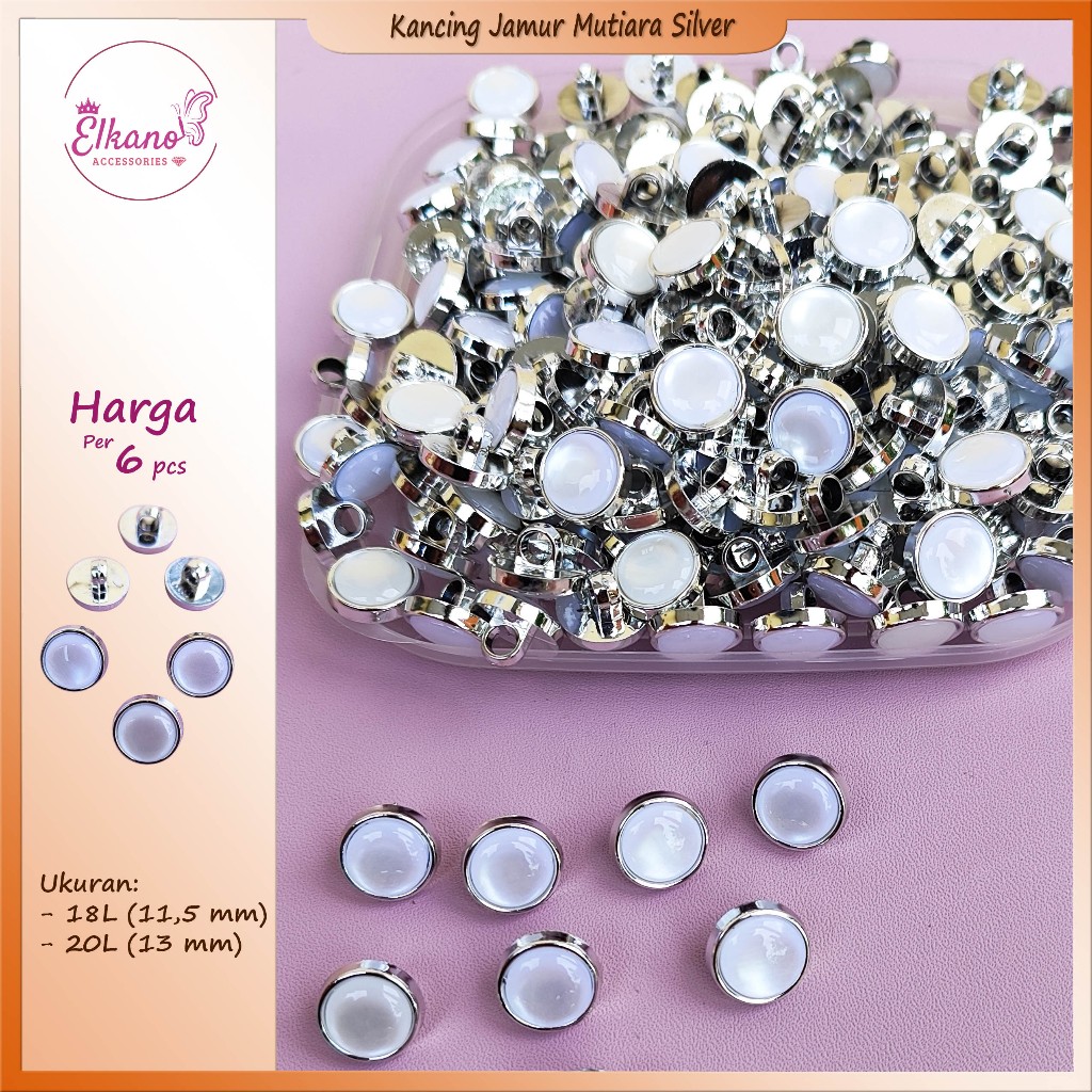 Kancing Jamur Mutiara Silver 6pcs