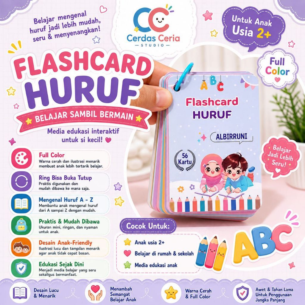 Flashcard Huruf Abjad A-Z Terlengkap (56 Kartu) - Kartu Belajar Membaca Seri Alfabet - Media Edukasi