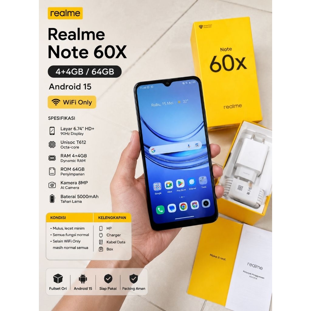 HP Realme Note 60X 4+4/64GB Fullset Mulus Android 15 Siap Pakai