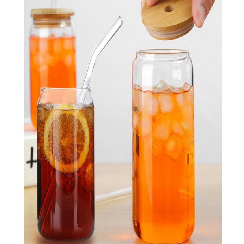 TUMBLER KACA TUTUP KAYU ESTETIK ( TANPA SEDOTAN ) // TUMBLER KACA TRANSPARAN //