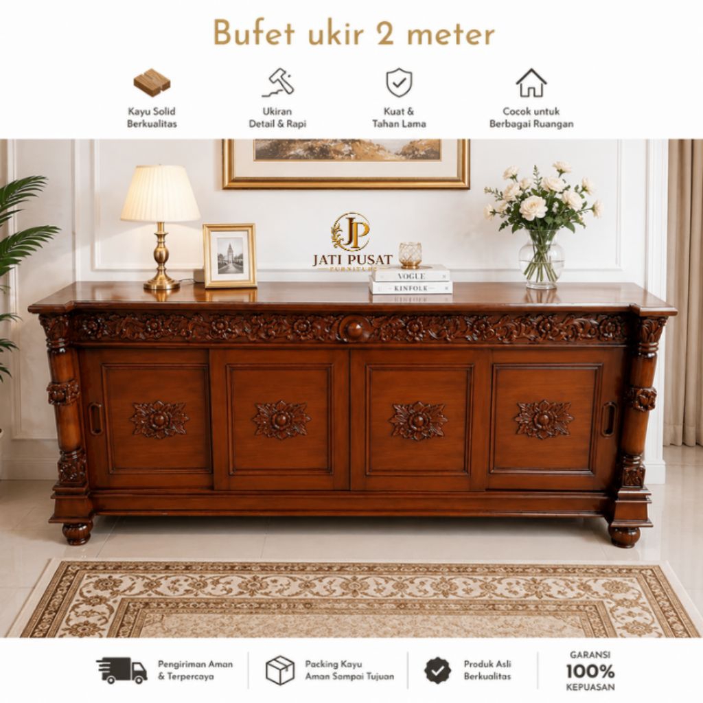 Bufet TV Ukir Jati 2 Meter 4 Pintu Sliding Kayu Jati Solid Lemari TV Mewah Klasik Rak TV Ukiran Jepa