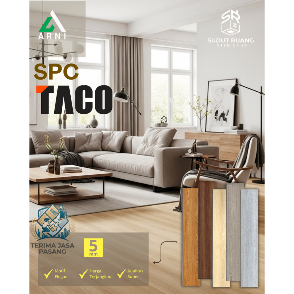 [TERMURAH] Lantai SPC TACO 5mm Motif Kayu Elegan Kualitas Super - Vinyl SPC Taco Arni Per Box Free K