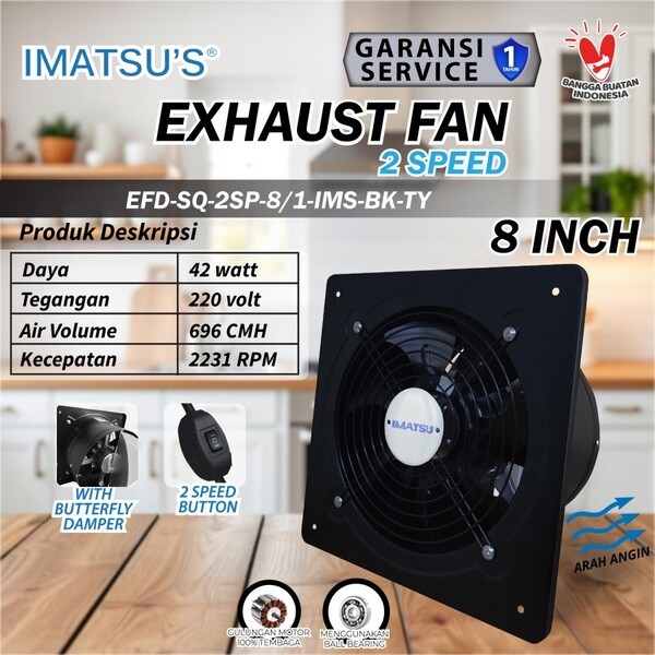 IMATSU'S Exhaust Fan 8 Inch EFD-SQ-2SP-8/1-IMS-BK-TY Wall Air Duct Booster Fan Exhaust Fan Ventilasi