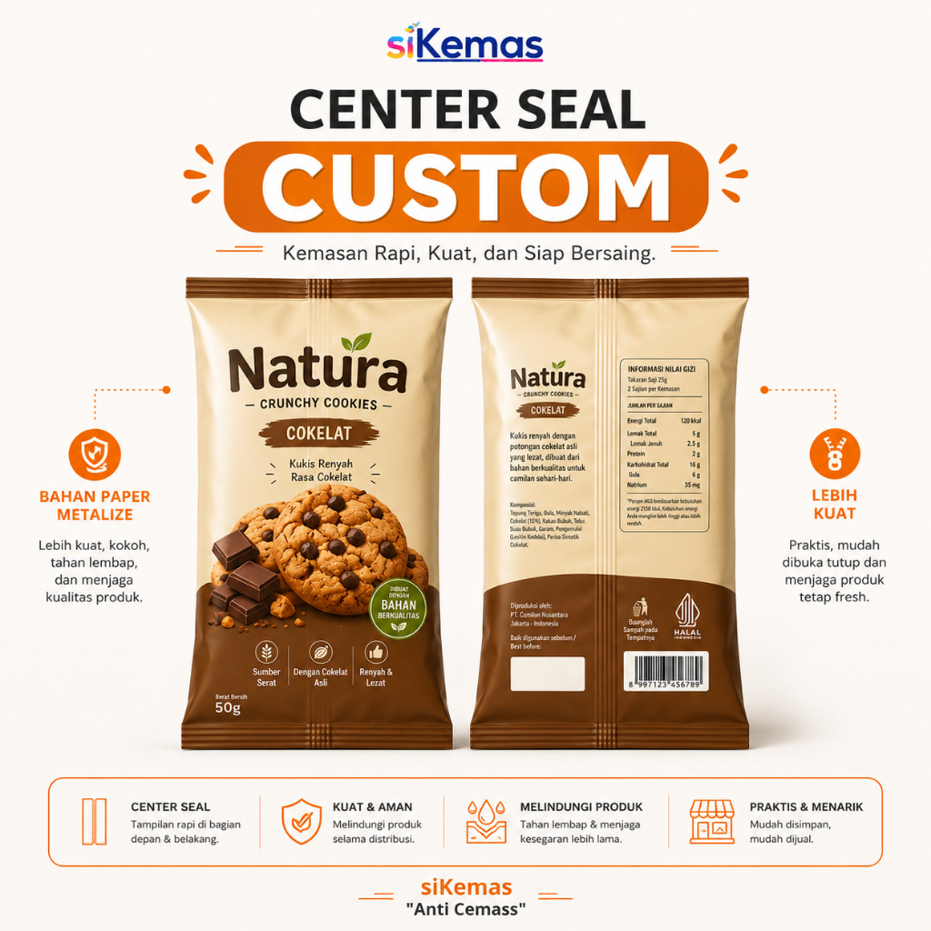Cetak Kemasan Center Seal | Kantong Datar | Flat Pouch | custom Sesukamu