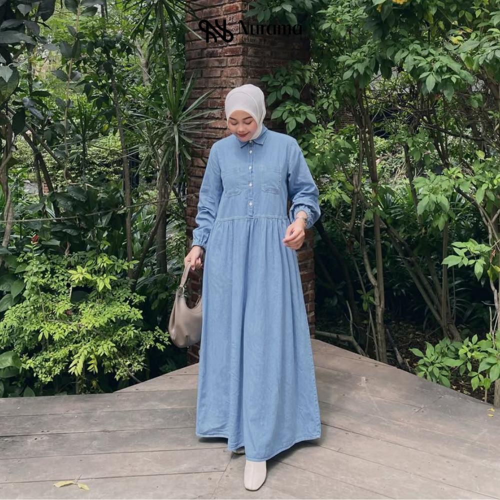 Zoya Dress Baju Gamis Babydoll Dua Saku Dress Casual Bahan Denim Lengan Karet C57K DENIM