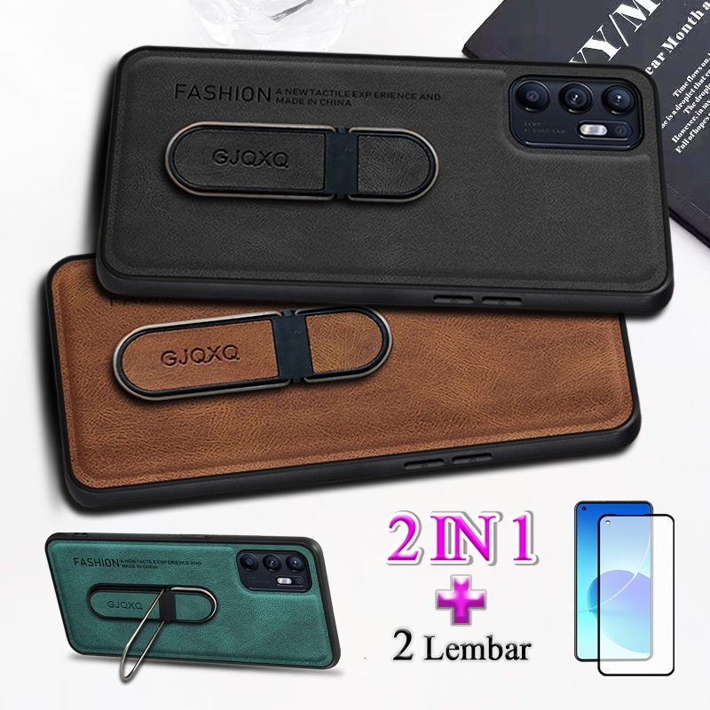 2 In 1 Case For OPPO Reno 6 4G Casing Ponsel Kulit Premium Dengan Standing Ring Holder Dan Film Kera