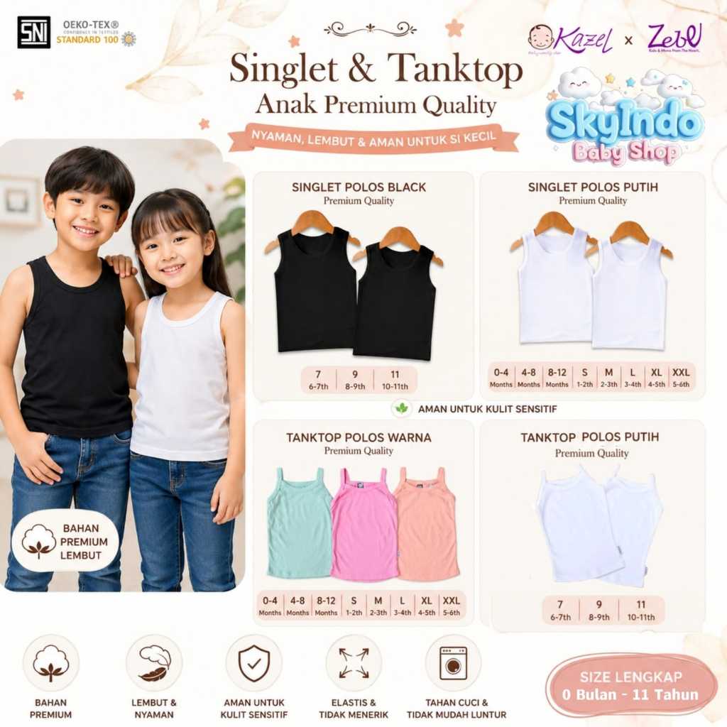 Kazel Zebe Tanktop Singlet Baju Kutung Pakaian Kaos Dalam Polos Bahan Cotton Premium Anak Cowok & Ce