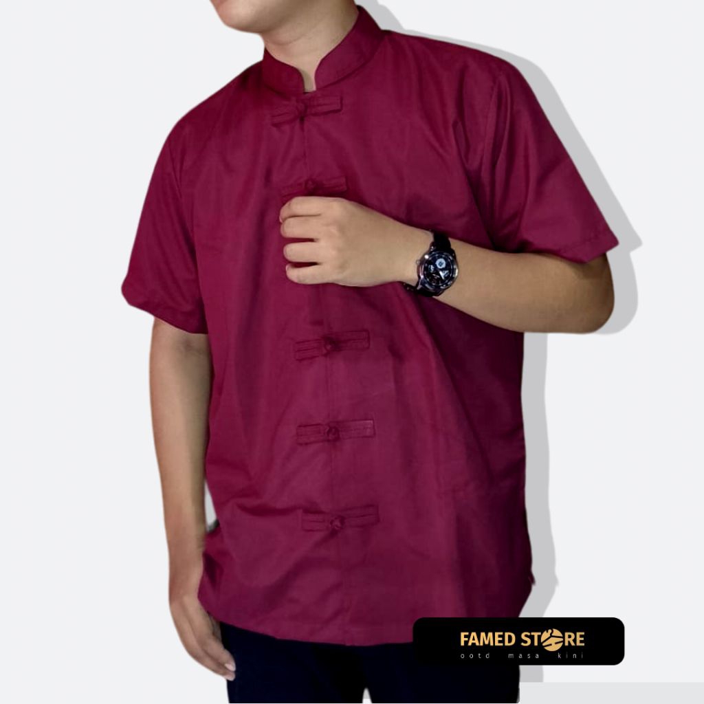 Kemeja Cheongsam Pria Lengan Pendek Maroon  - Baju Koko Cheongsam Kerah Shanghai Modern