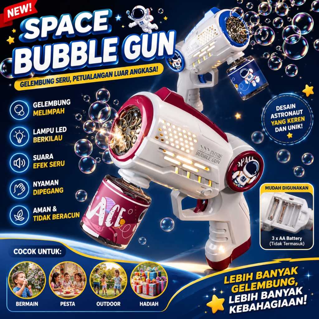 Pistol Gelembung Astronot dengan Lampu LED dan Botol Sabun