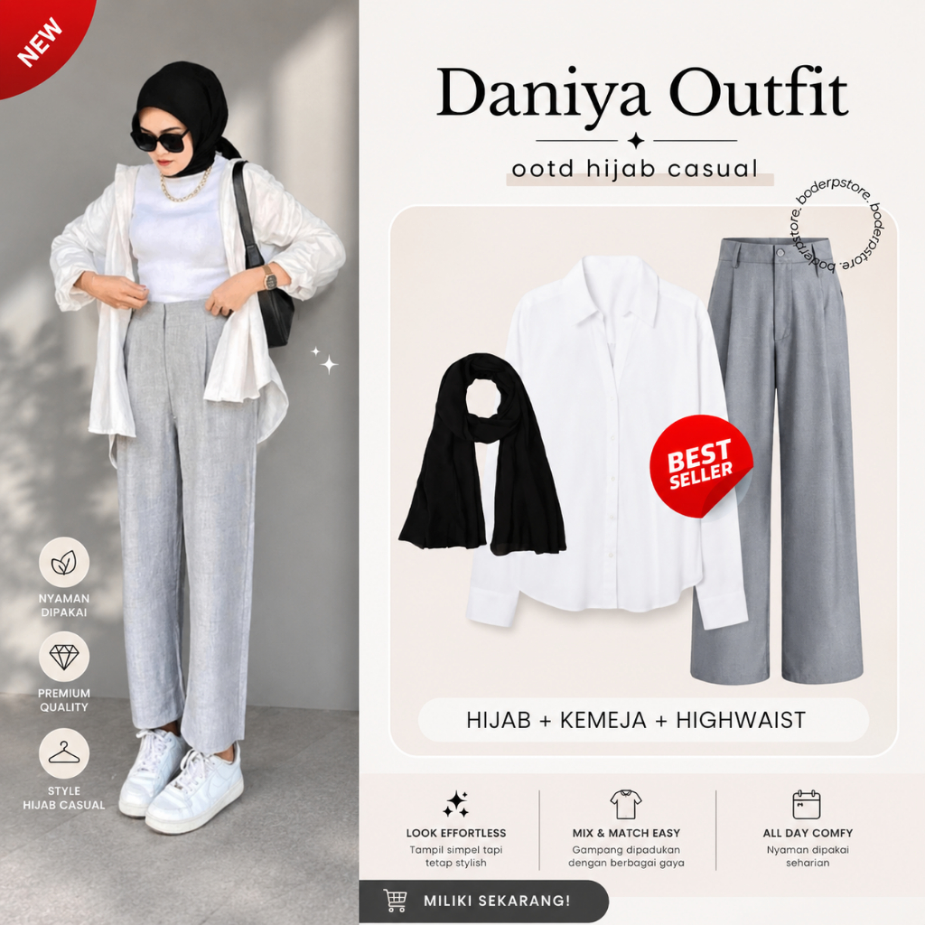 Setelan 3in1 Ootd Hangout Wanita [Hijab, Kemeja Putih, Celana Highwaist] Stripe Outfit Kekinian
