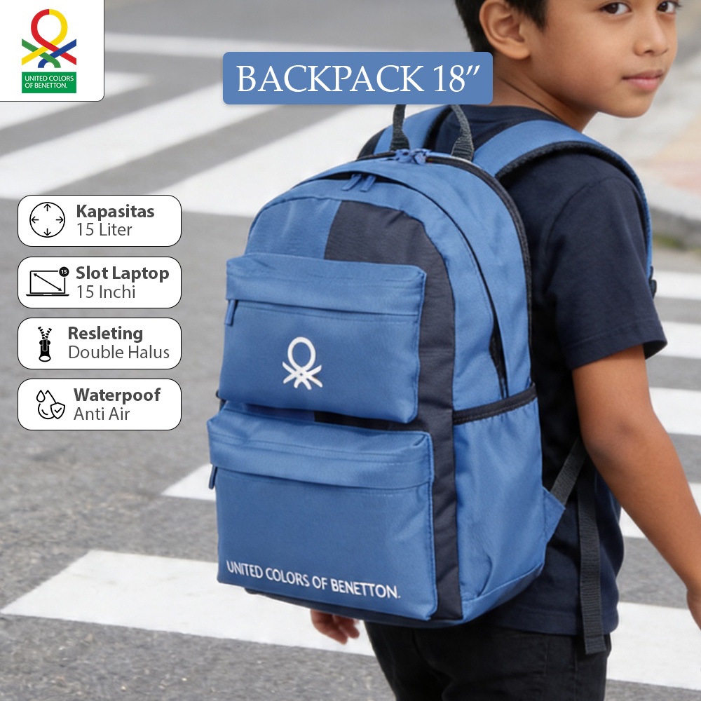 BENETTON - Backpack 18 Inch - Tas Ransel Travel 15L Tas Laptop Sekolah Anak Dewasa Waterproof