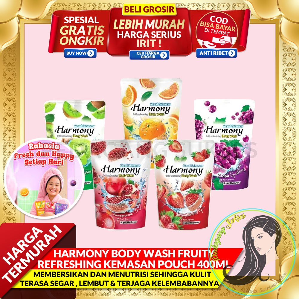 HARMONY Body Wash Fruity Refreshing Kemasan Refil Pouch 400ml Sabun Mandi Cair Pouch Sabun Mandi Bua