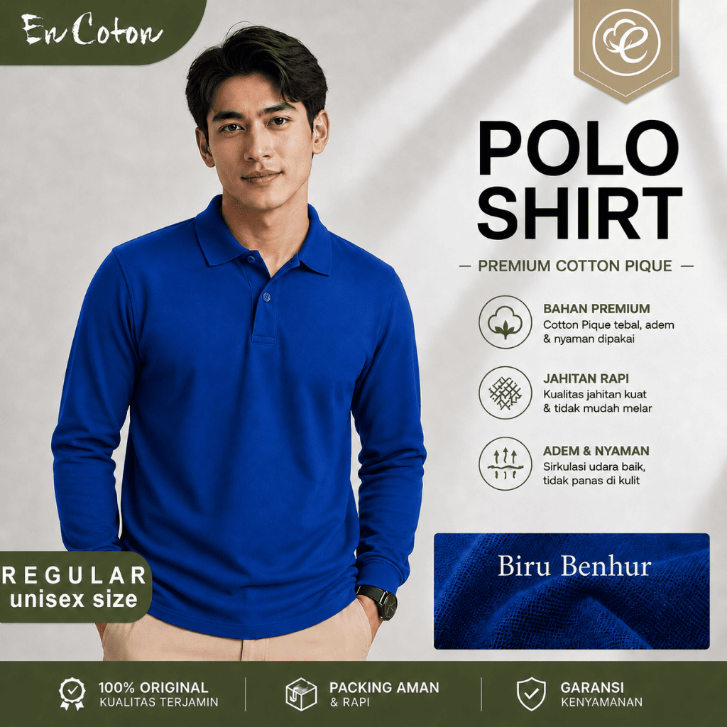 Kaos Kerah Polo BIRU BENHUR ROYAL BLUE BIRU BCA PRIA UNISEX Premium PIQUE COTTON Tangan Lengan PANJA