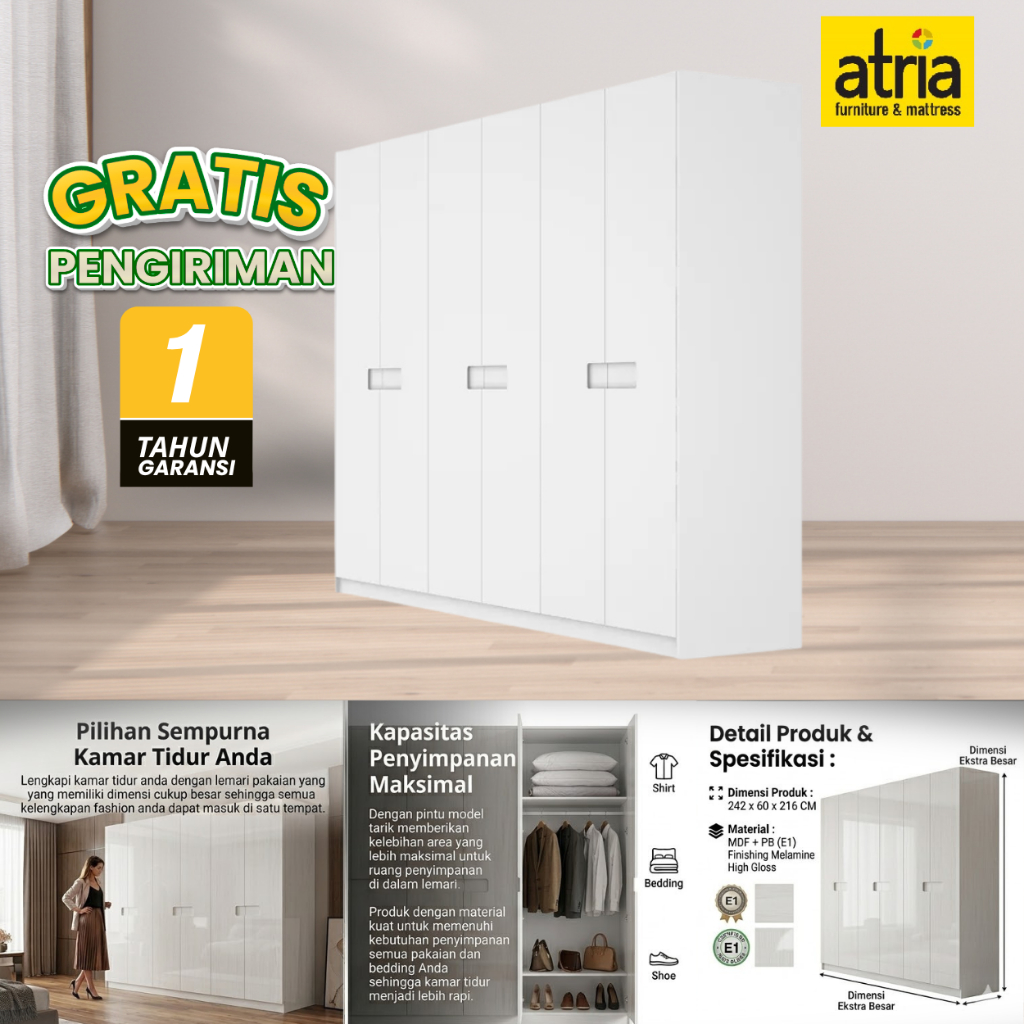 Atria Lemari Pakaian 6 Pintu Tarik Lorraine
