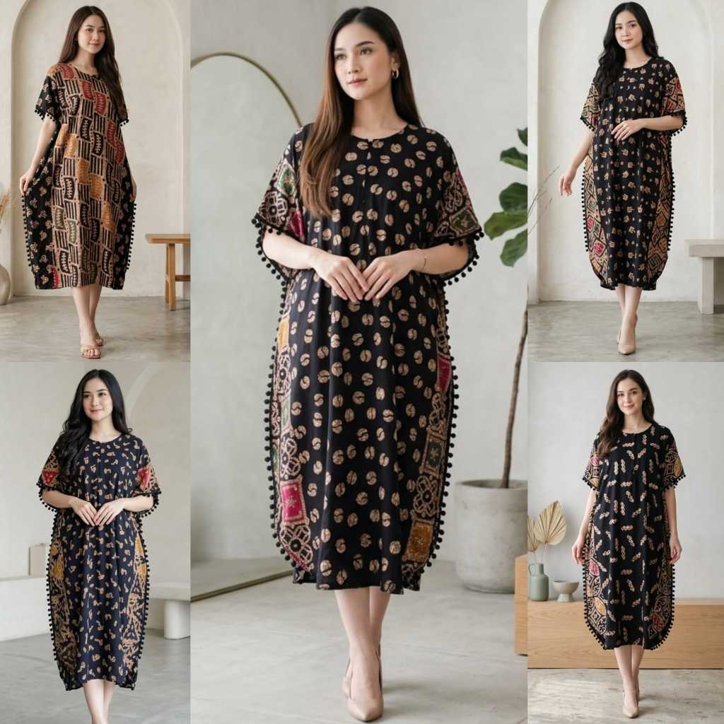 Termurah-Gamis/Daster Kaftan PomPom Rayon Twill Ori Super Malaman Busui Jumbo Lengan Pendek