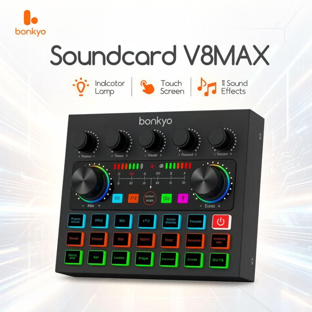 Bonkyo Soundcard V8MAX Bluetooth Mixer Audio Profesional, Peralatan Live Streaming & Karaoke untuk H