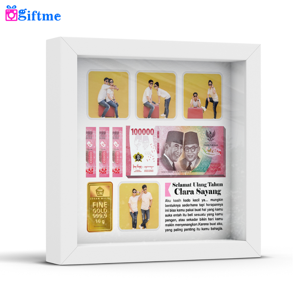 GIFTME Kado Ulang Tahun Cewek - Bingkai Foto Putih Aesthetic Custom Uang & Logam Mulia